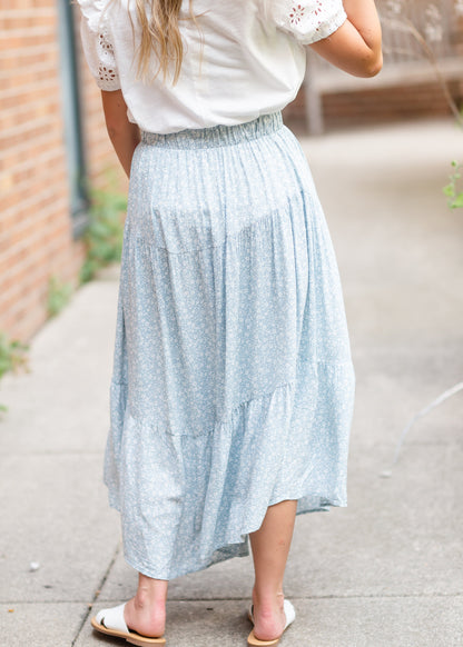 Blue Floral Print Midi Skirt with Ruffle Hem Skirts