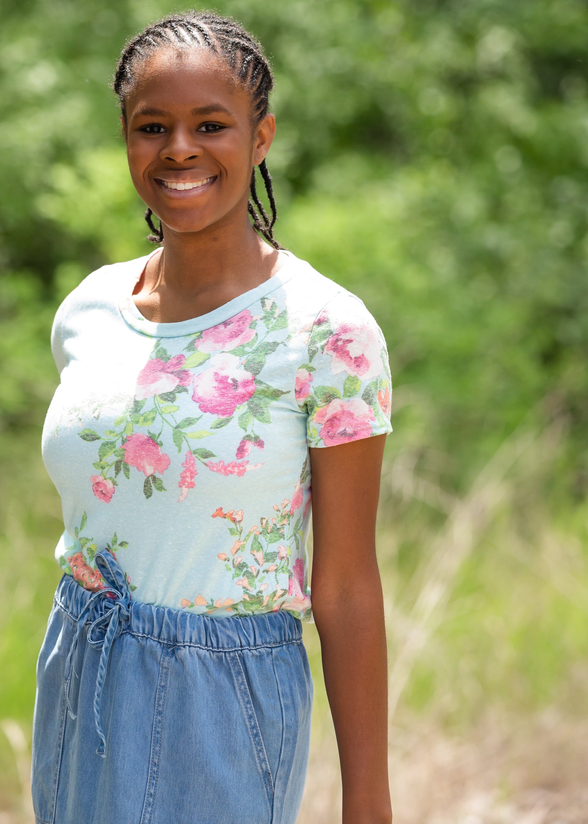 Blue Floral Print Short Sleeve Top Tops