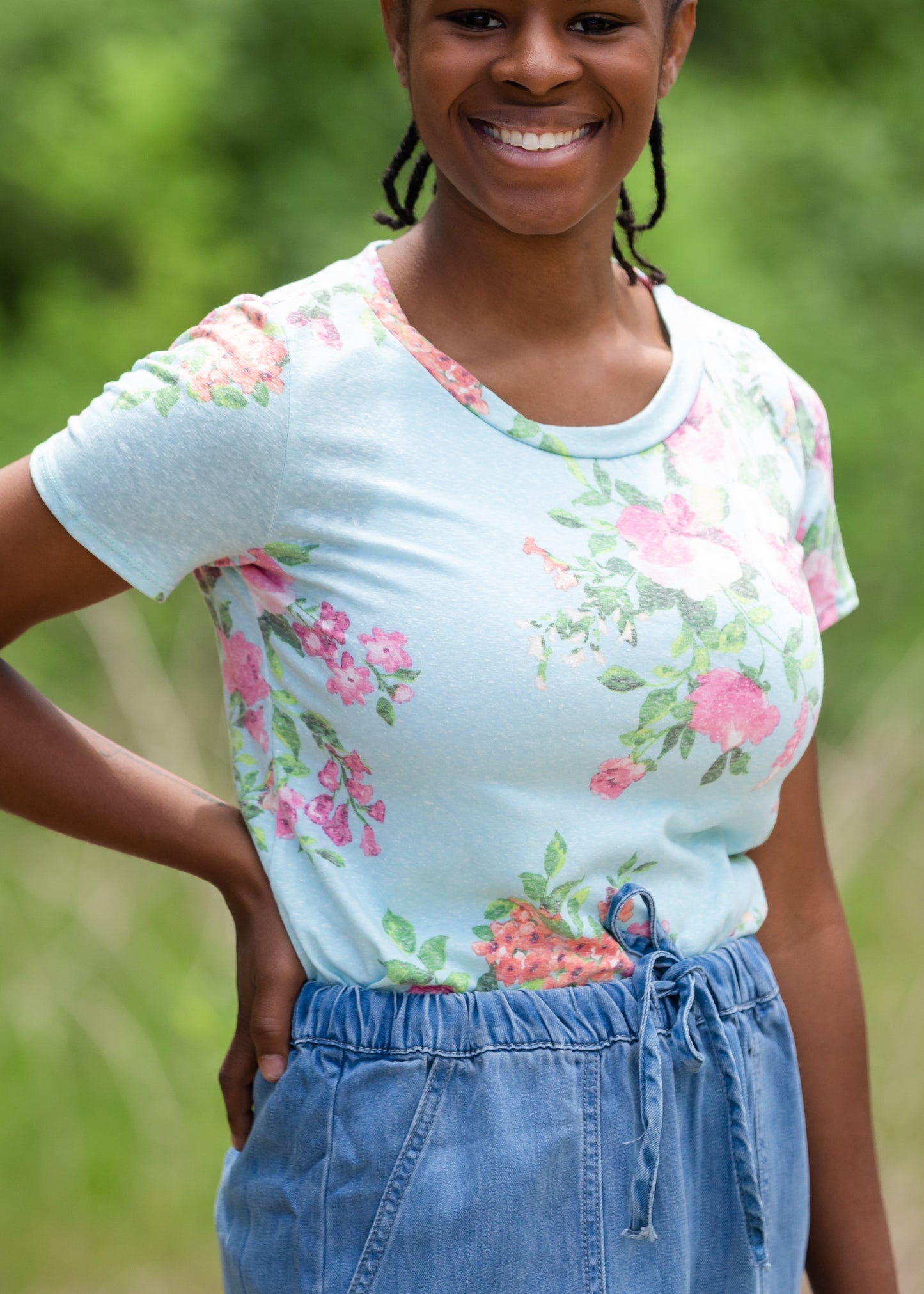 Blue Floral Print Short Sleeve Top Tops