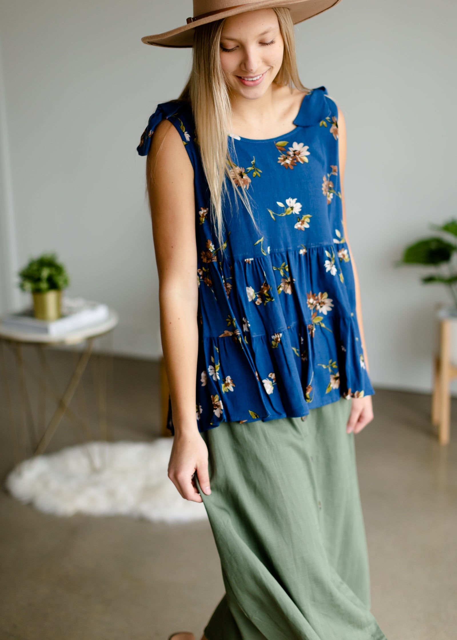 Blue Floral Tie Shoulder Top - FINAL SALE Tops