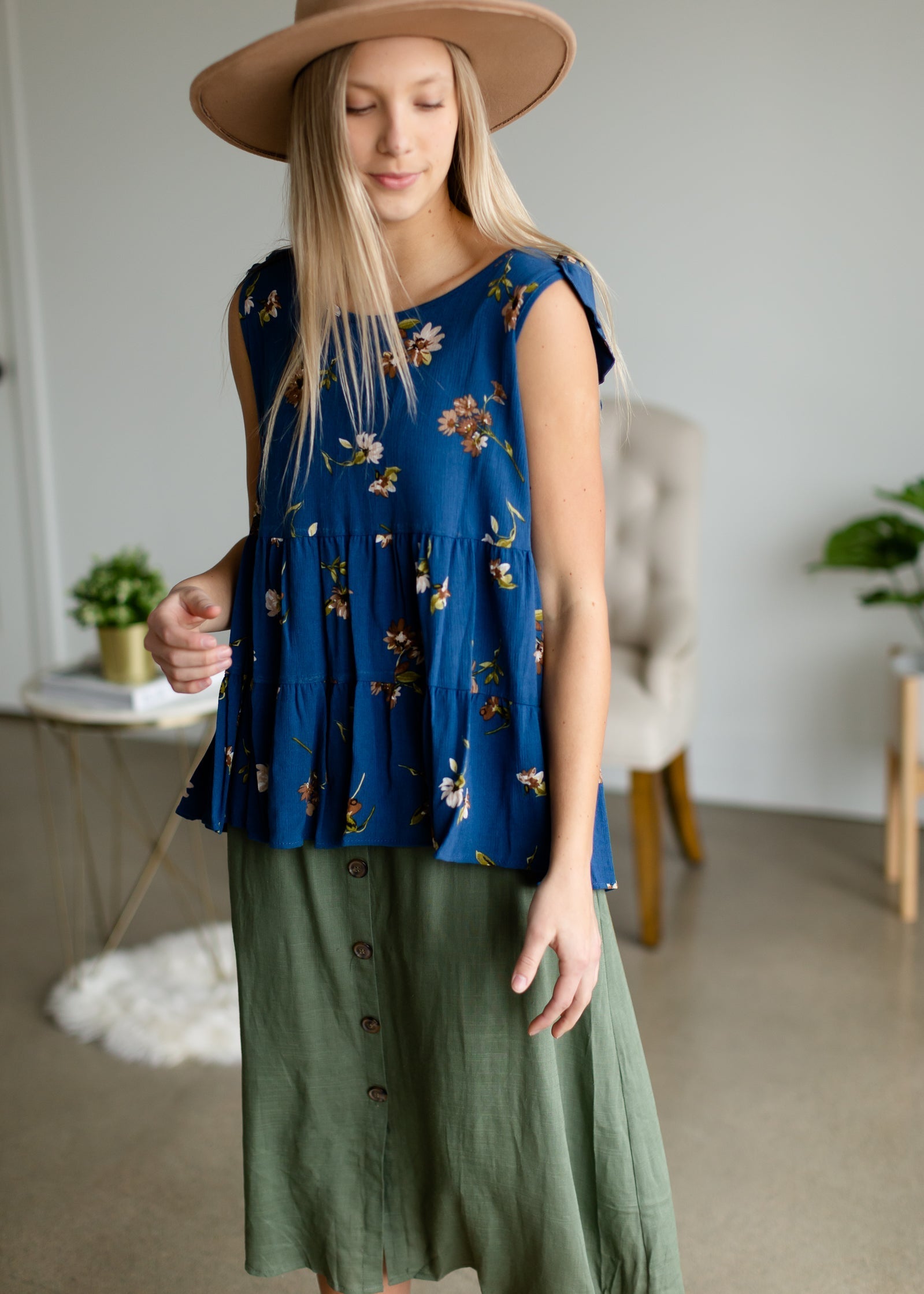 Blue Floral Tie Shoulder Top - FINAL SALE Tops