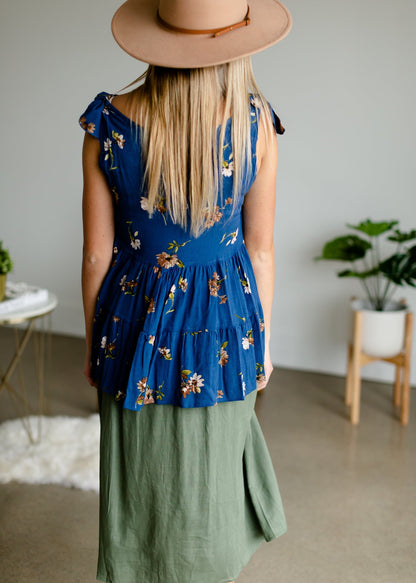 Blue Floral Tie Shoulder Top - FINAL SALE Tops