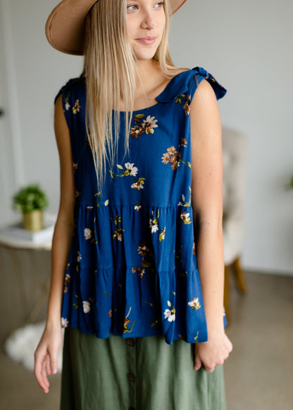 Blue Floral Tie Shoulder Top - FINAL SALE Tops