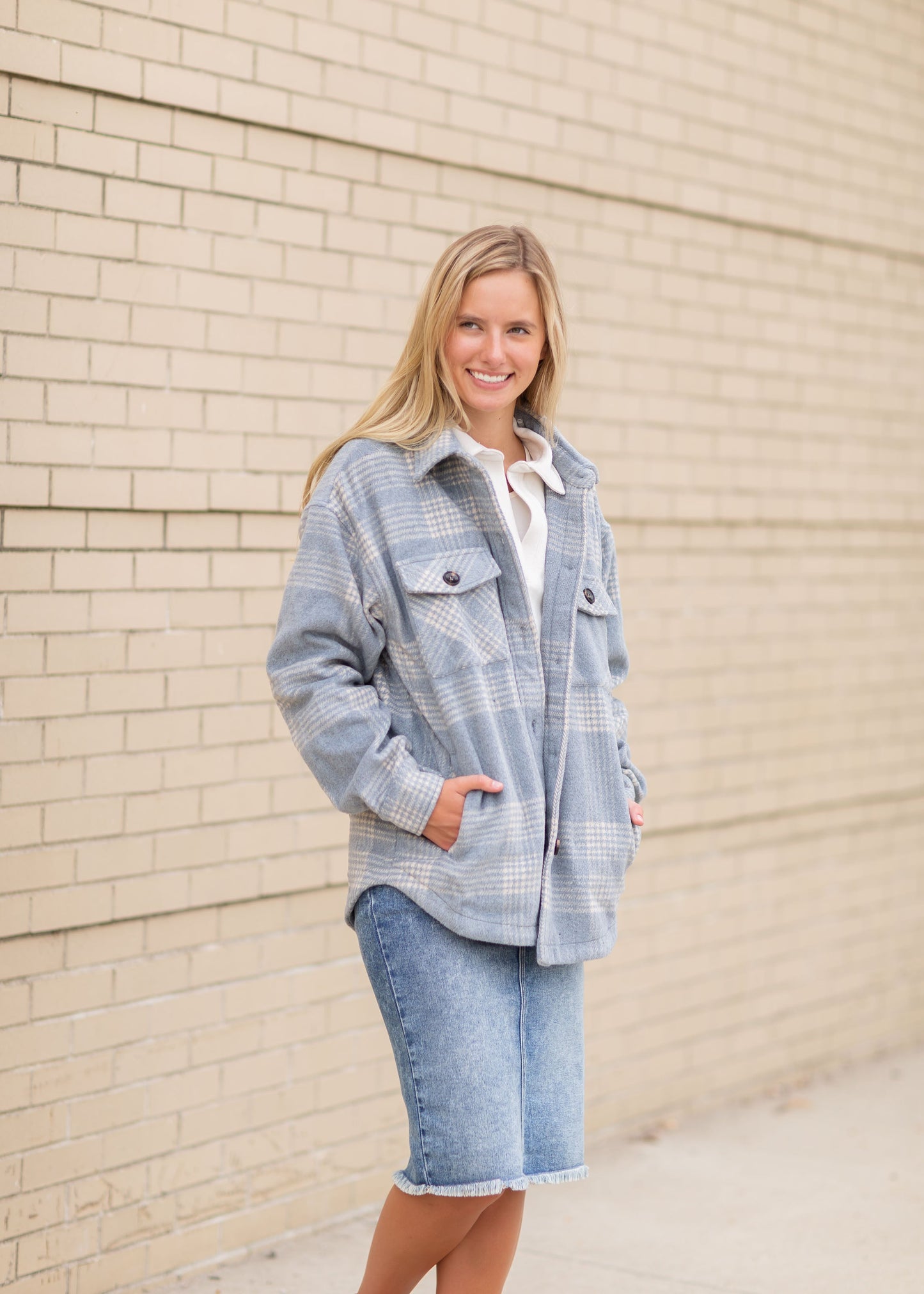 Blue Plaid Button Up Shacket Tops