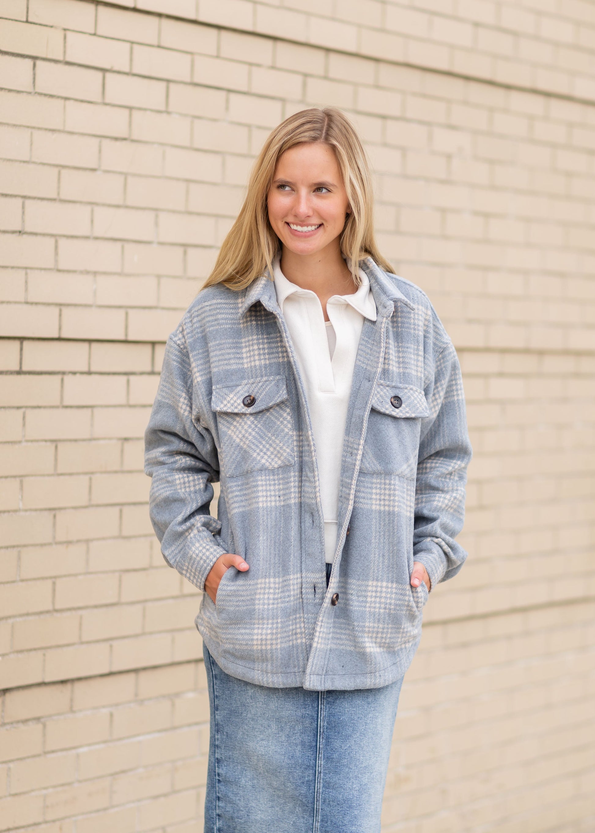 Blue Plaid Button Up Shacket Tops