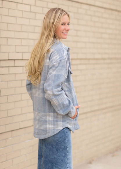 Blue Plaid Button Up Shacket Tops