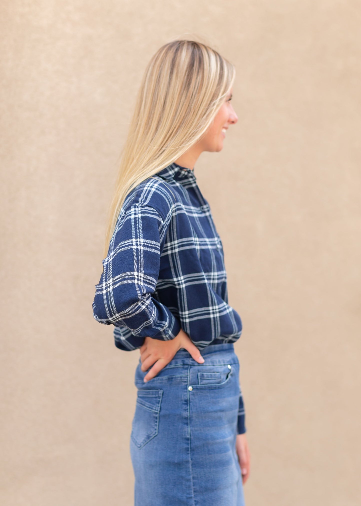 Blue Plaid Button Up Tops