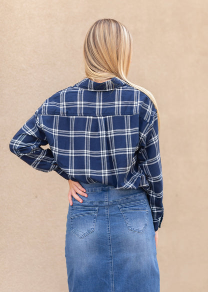 Blue Plaid Button Up Tops