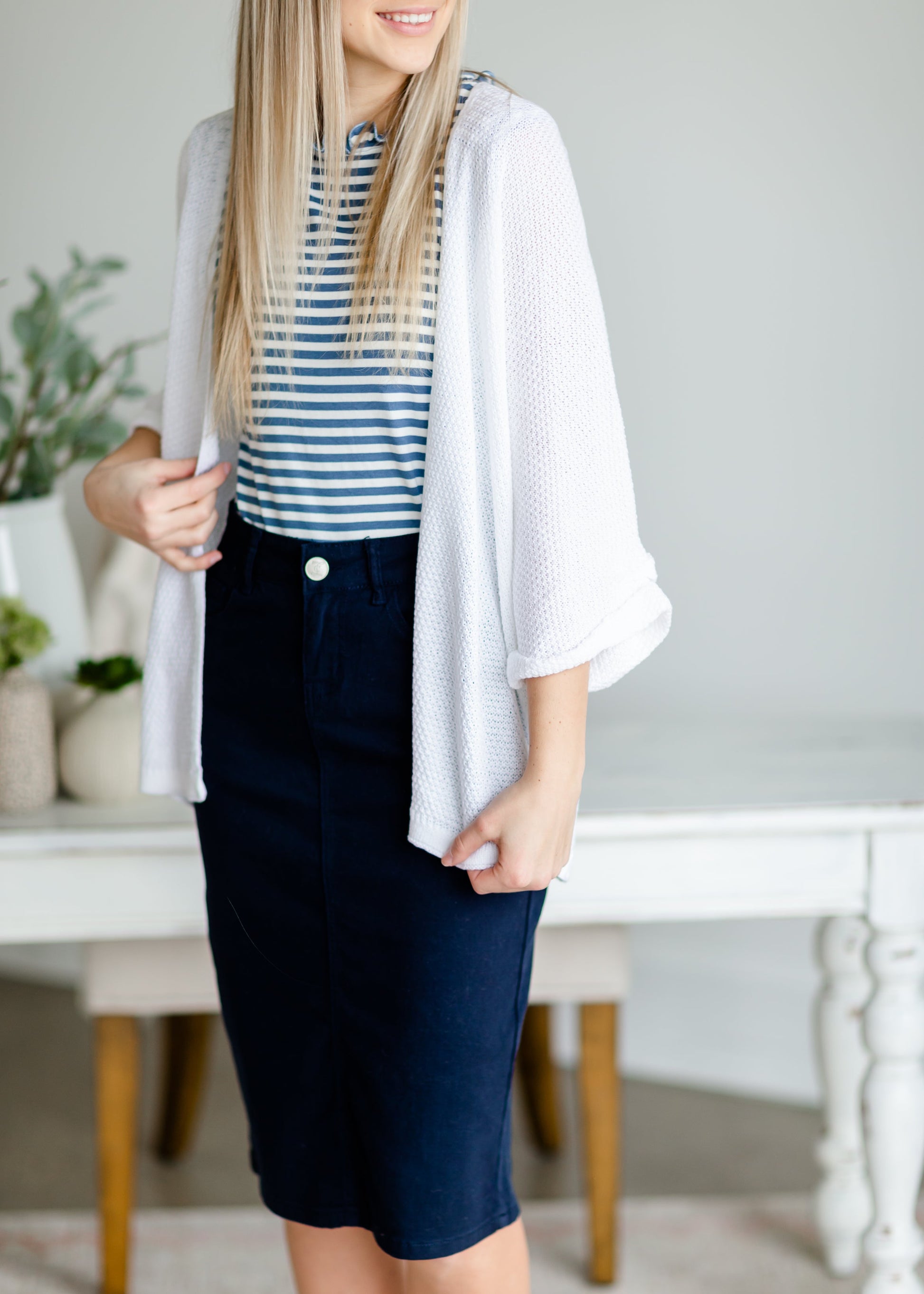 Blue Ruffle Neck Striped Tank Tops