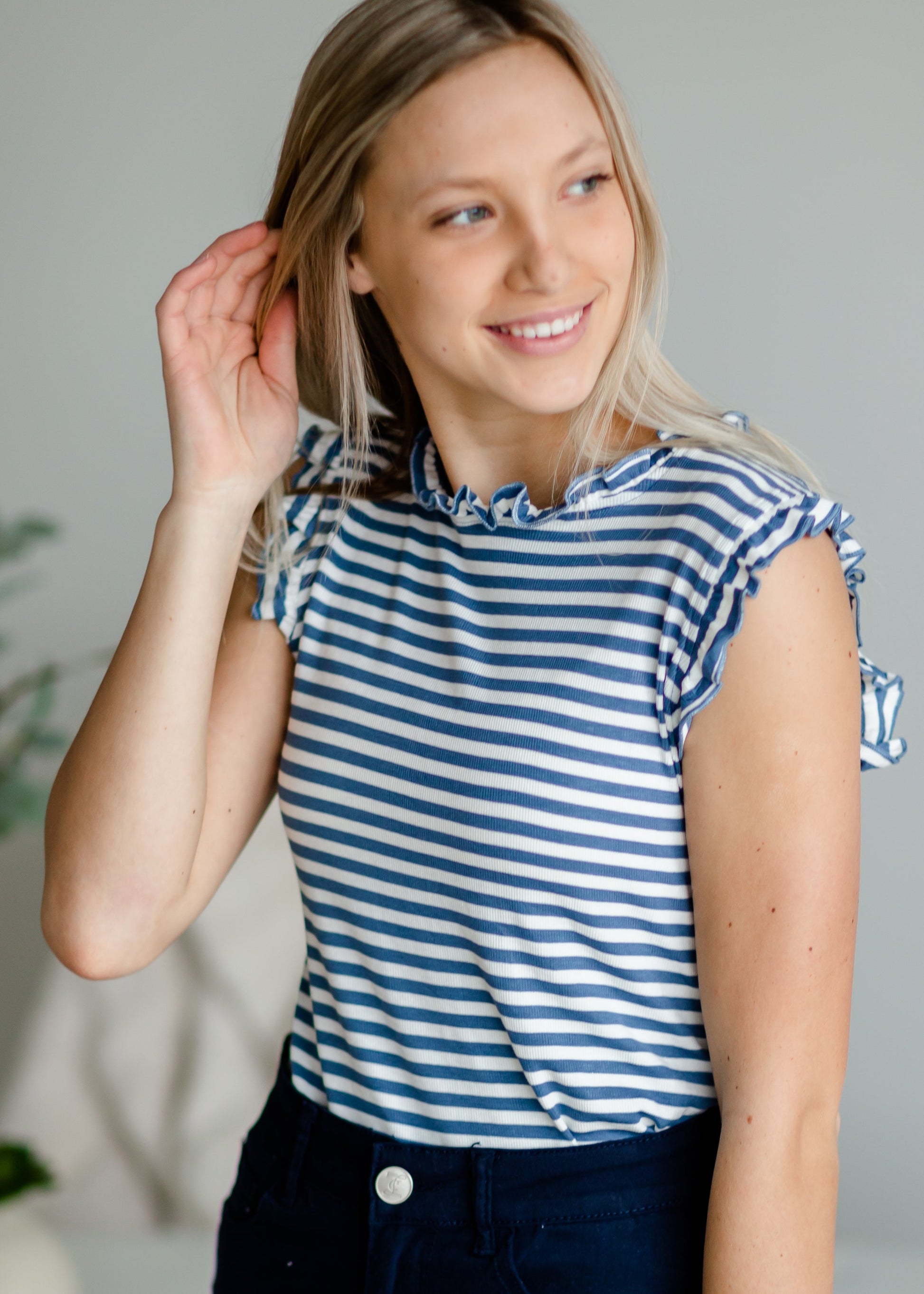 Blue Ruffle Neck Striped Tank Tops