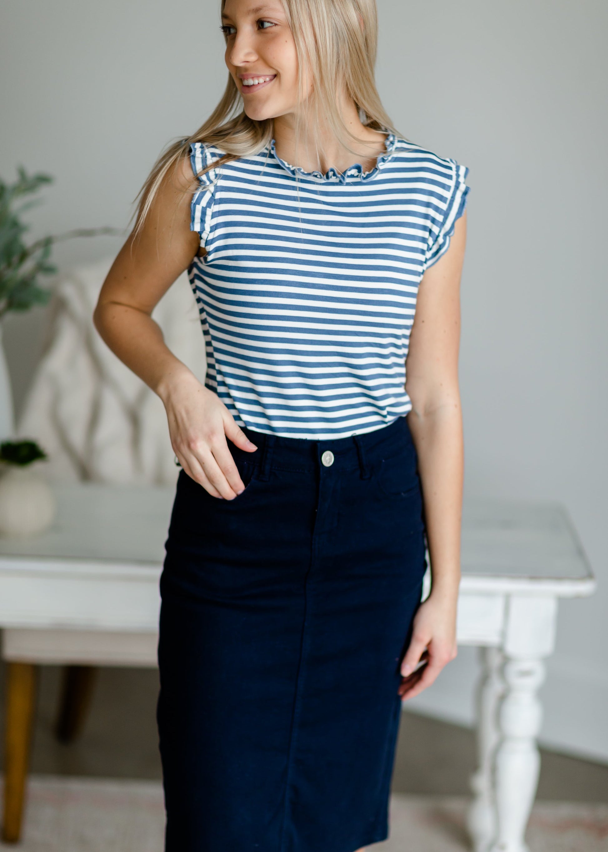 Blue Ruffle Neck Striped Tank Tops