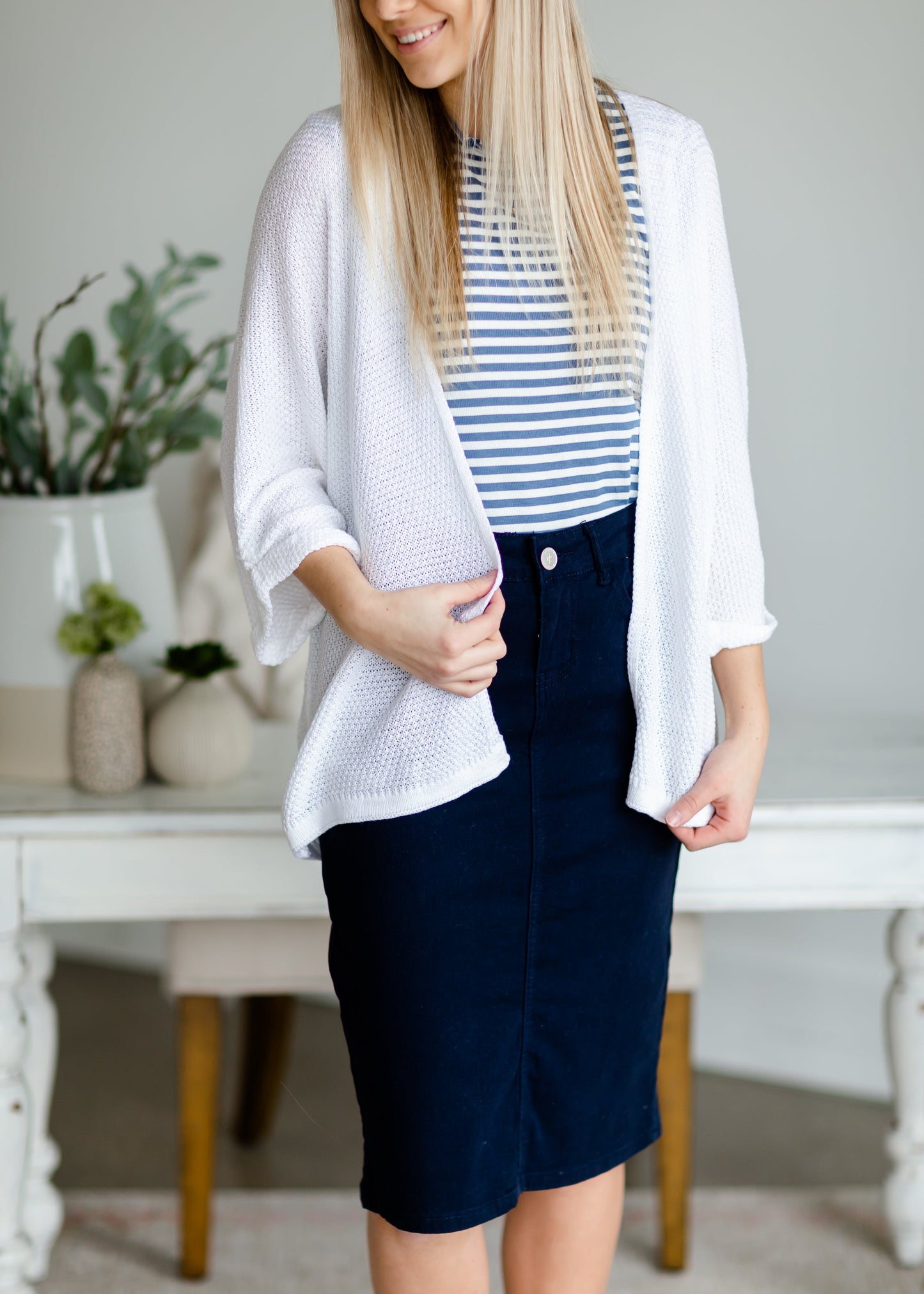 Blue Ruffle Neck Striped Tank Tops