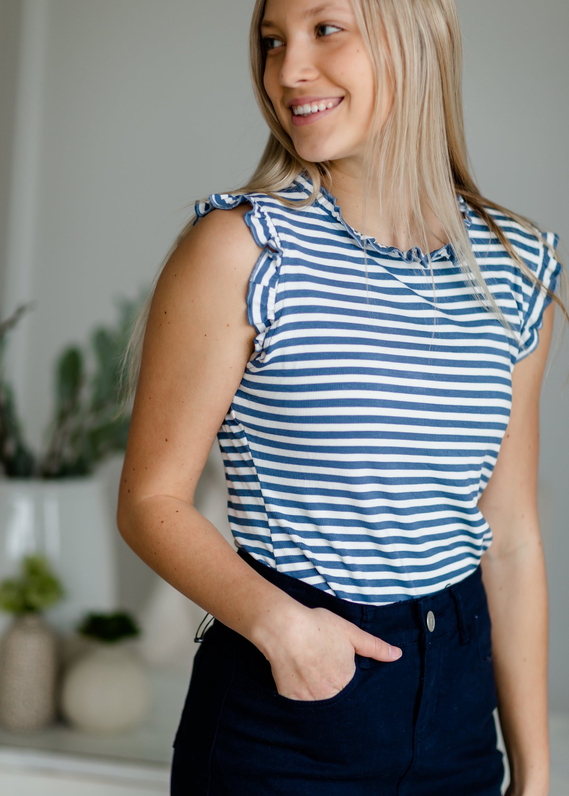 Blue Ruffle Neck Striped Tank Tops