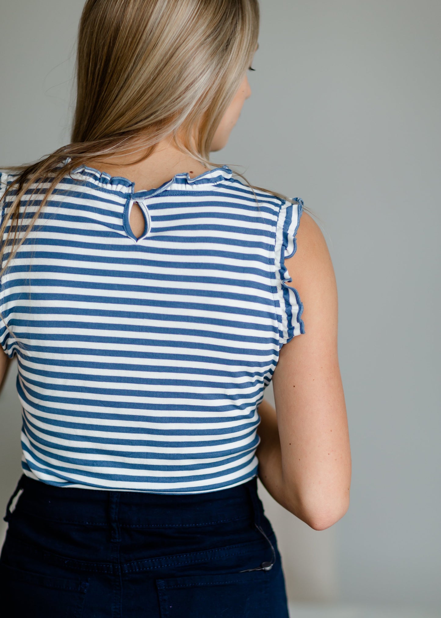 Blue Ruffle Neck Striped Tank Tops