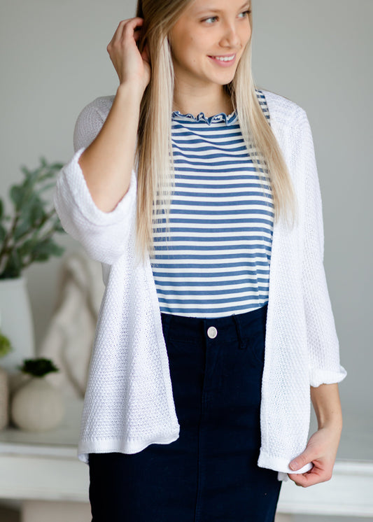 Blue Ruffle Neck Striped Tank Tops