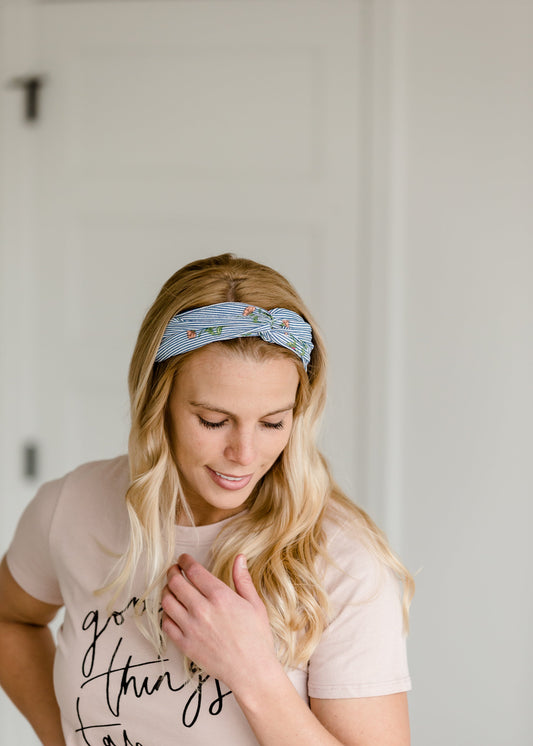 Blue Stripe + Floral Knotted Headband Accessories