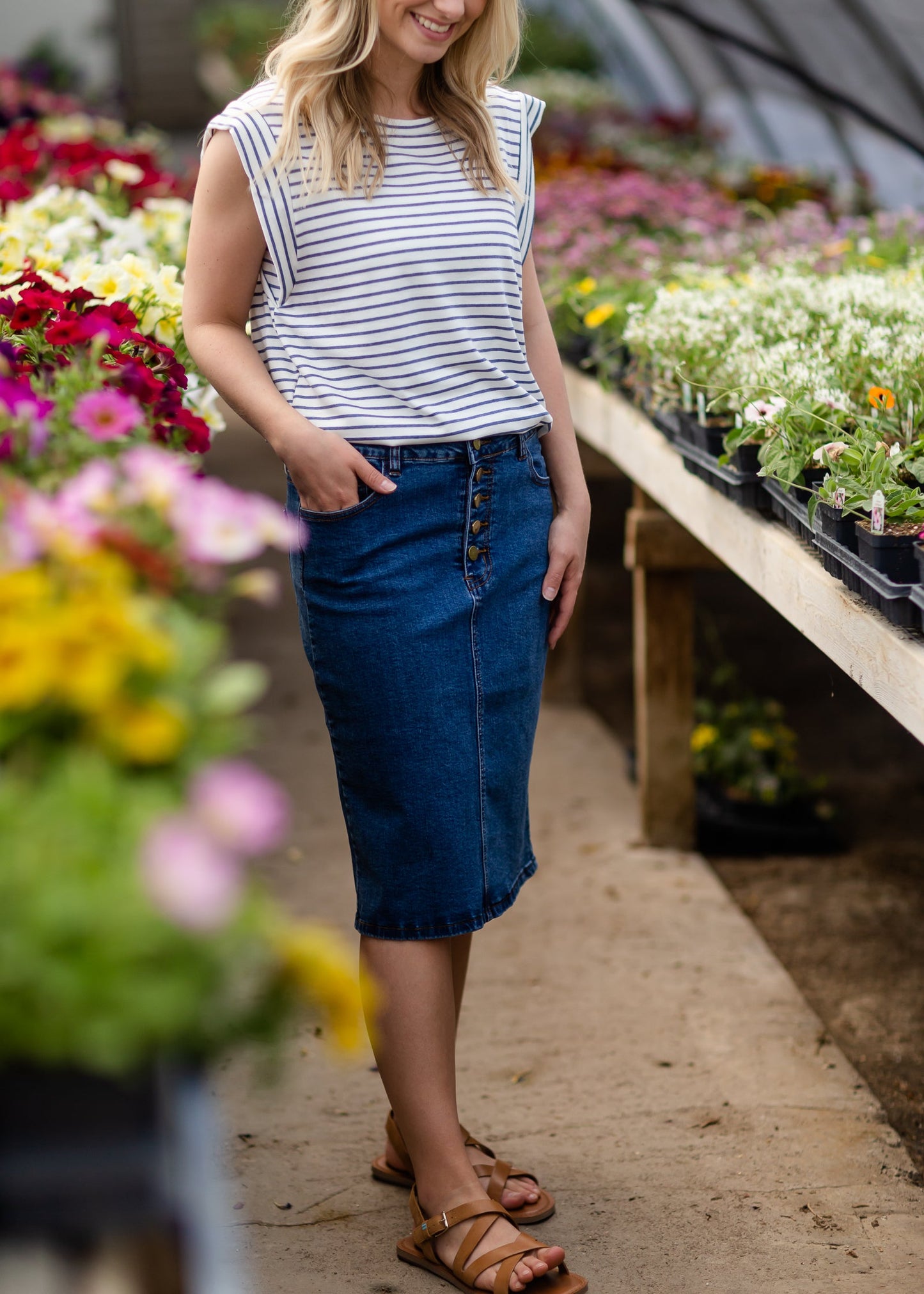 Blue Striped French Terry Top Tops