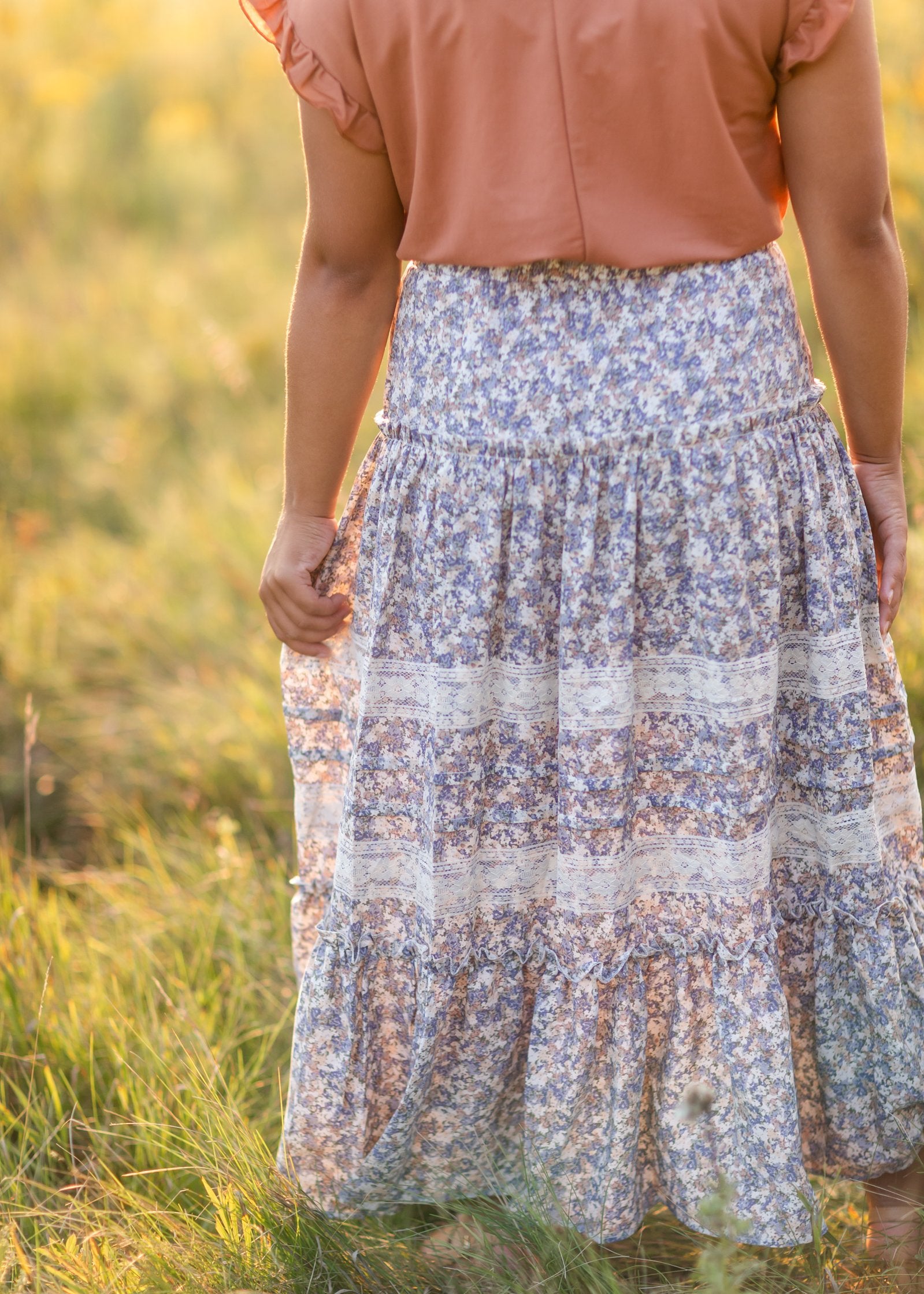 Blue Tiered Ruffle Midi Skirt Skirts Pinch