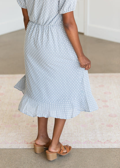 Blue V-Neck Polka Dot Midi Dress - FINAL SALE Dresses