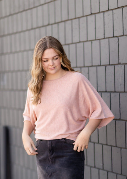 Blush Boat Neck Kimono Sleeve Pullover Tops