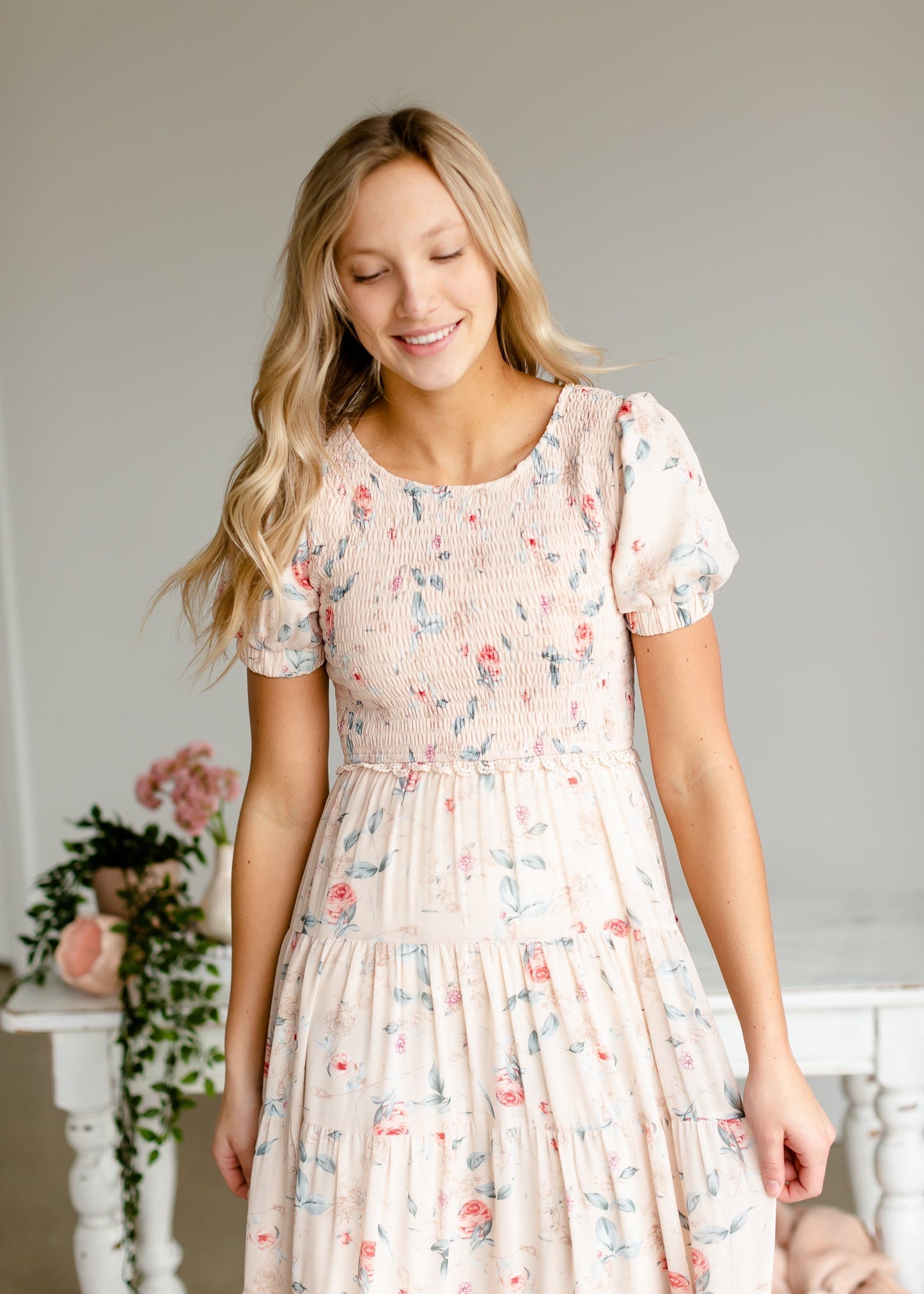 Blush + Floral Smocked Maxi Dress Dresses