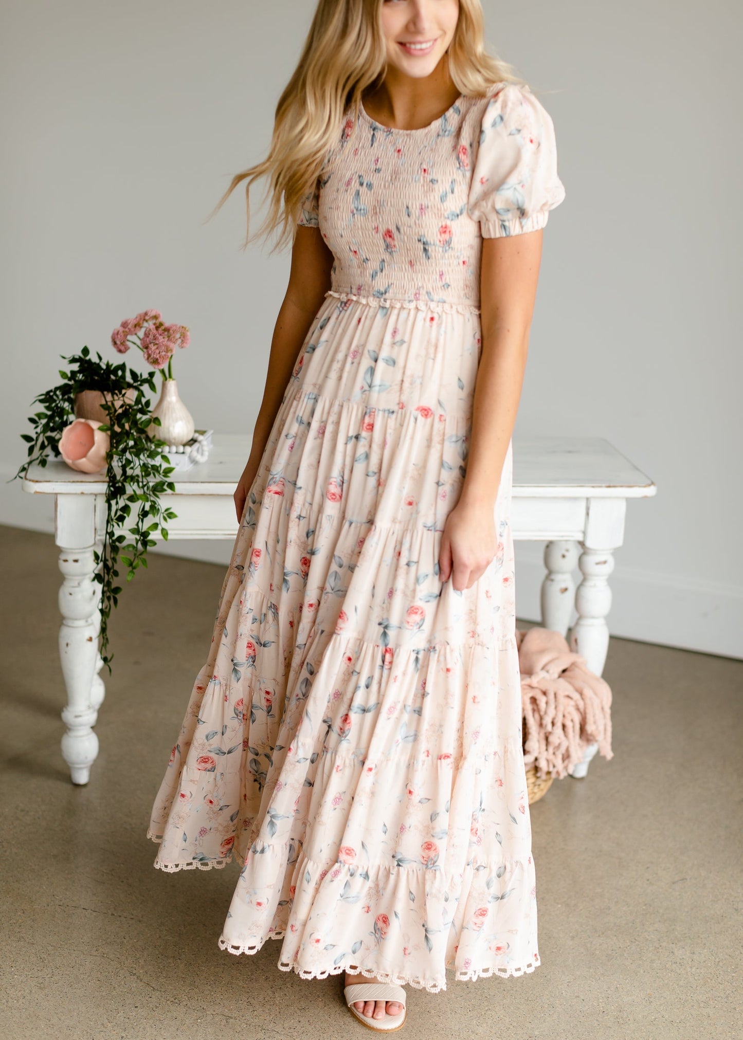 Blush + Floral Smocked Maxi Dress Dresses