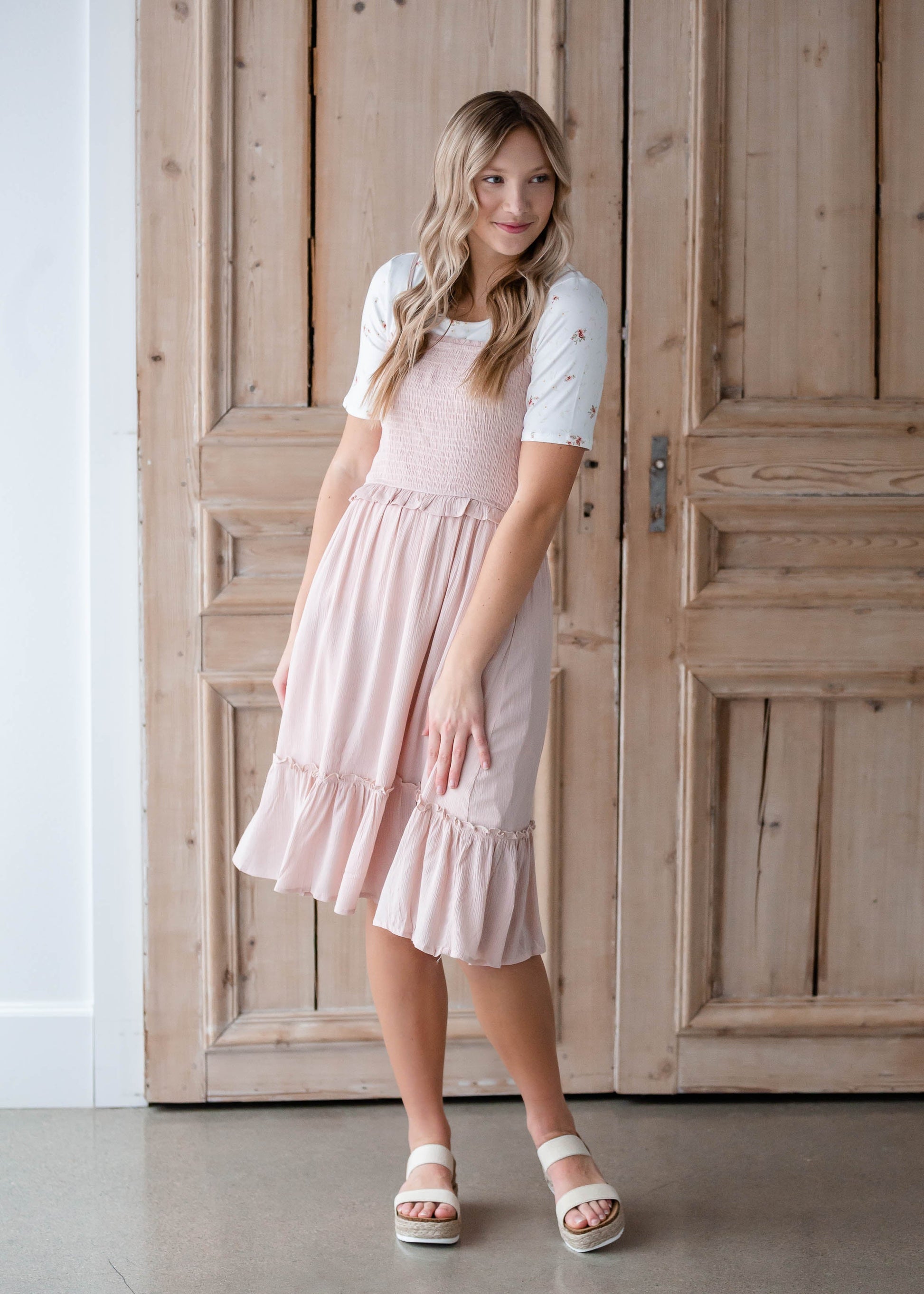 Blush Pink Smocked Midi Dress Dresses Hayden