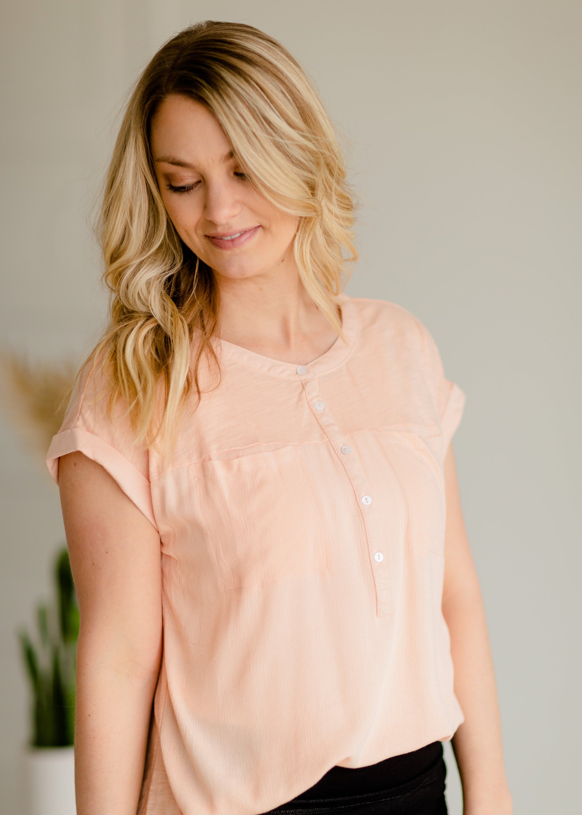 Blush Woven Short Sleeve Top Tops