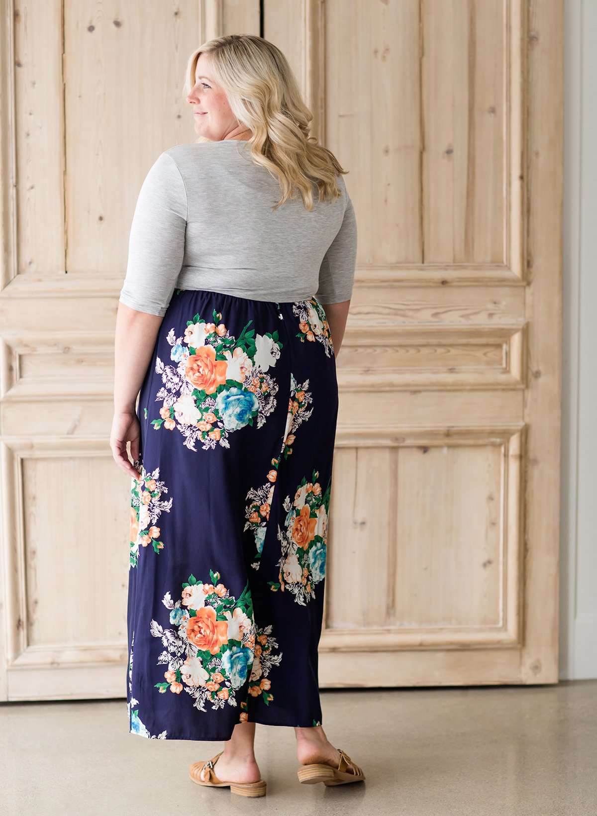 Womens modest navy and floral plus size dress