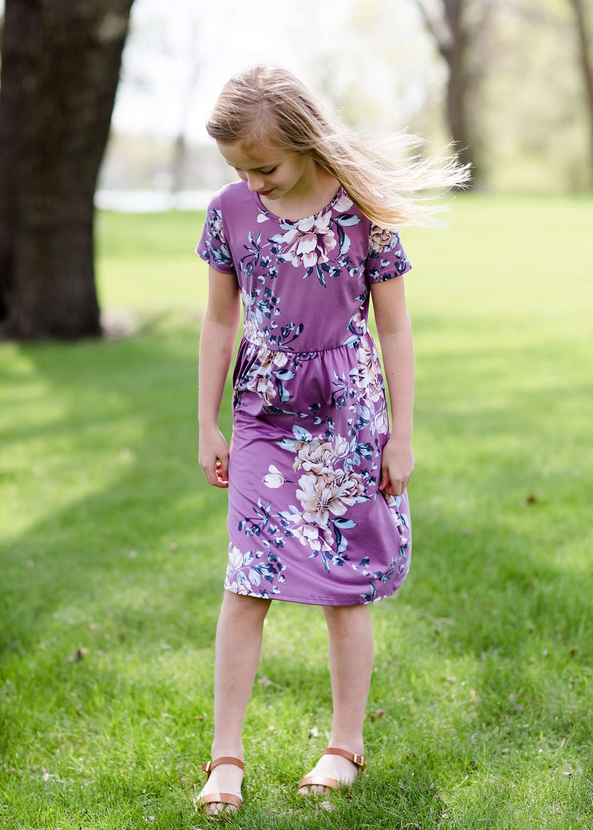 girls purple floral midi dress