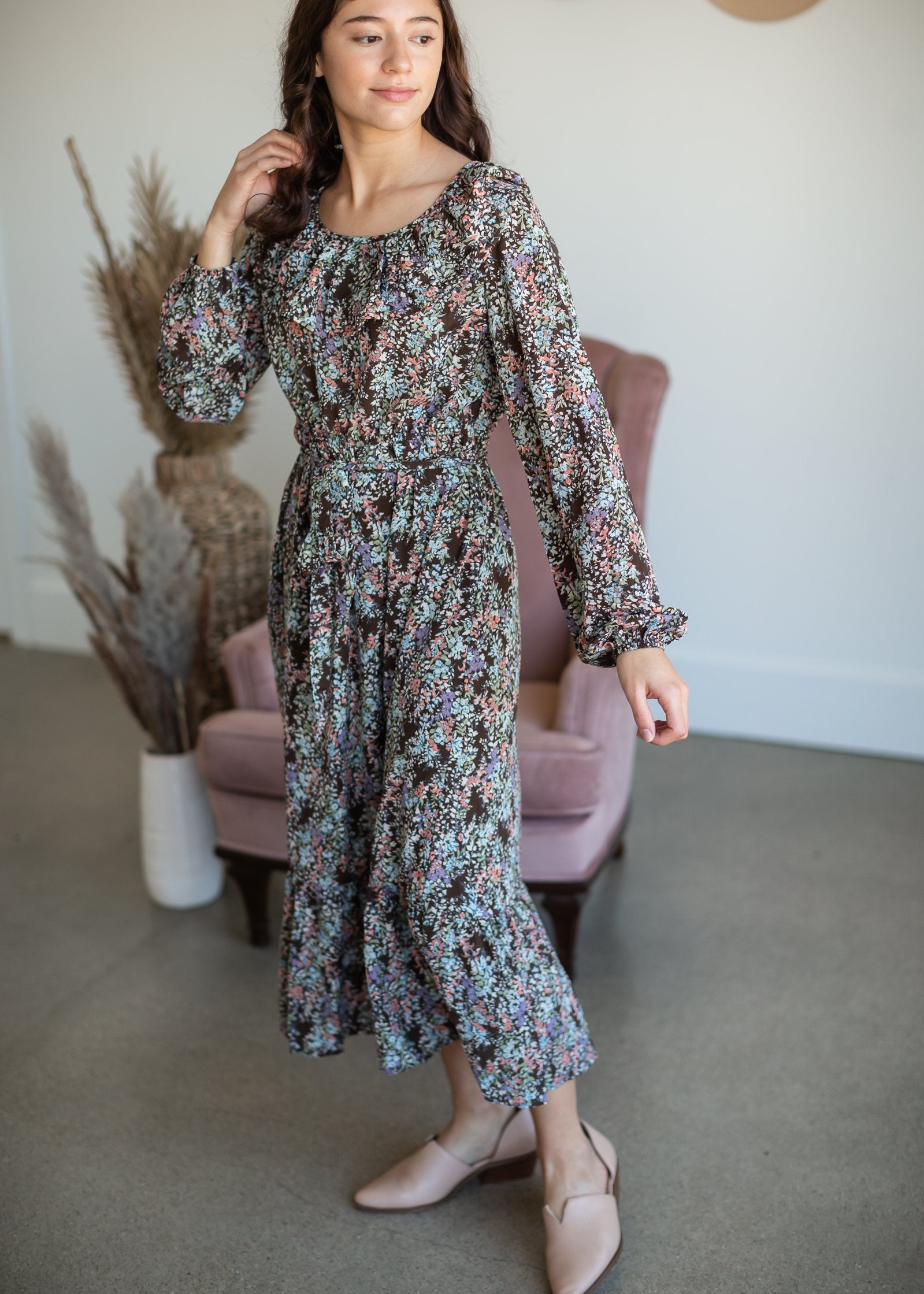 Brown Botanical Print Belted Dress Dresses Hayden