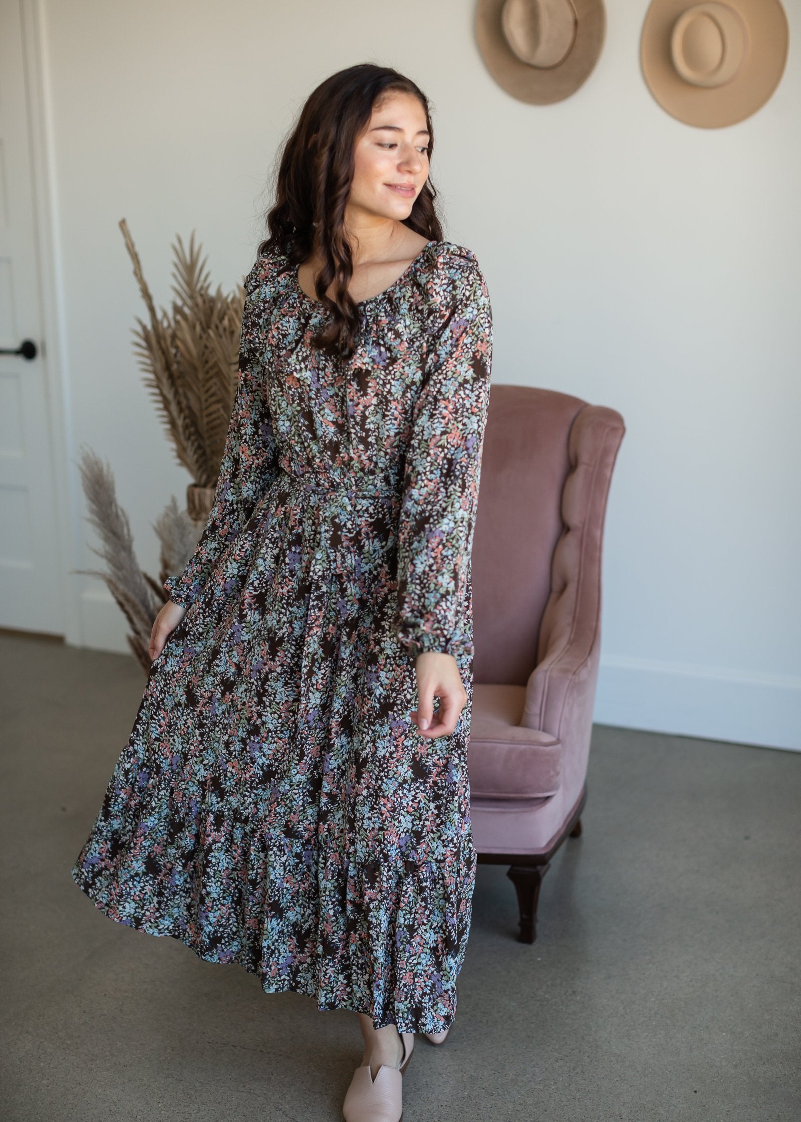 Brown Botanical Print Belted Dress Dresses Hayden