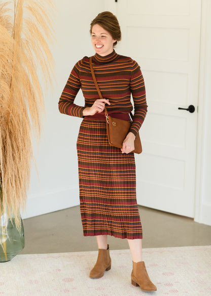 Brown Multi Stripe Ribbed Sweater Skirt - FINAL SALE Tops