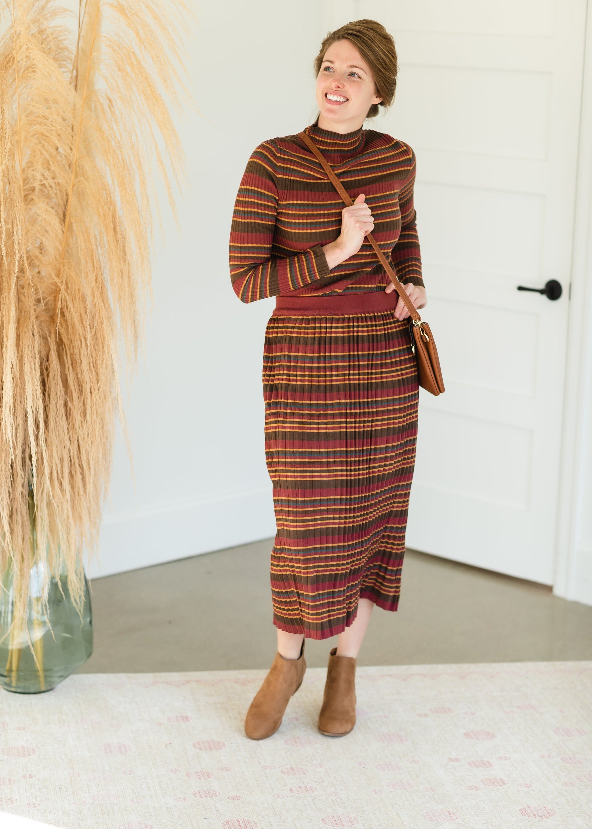 Brown Multi Stripe Ribbed Sweater Skirt - FINAL SALE Tops