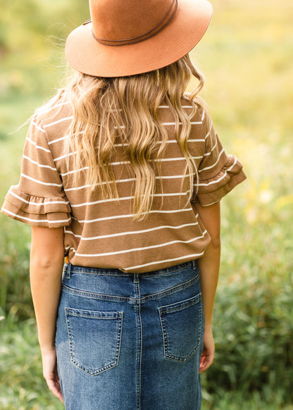 Brown Striped Short Sleeve Top - FINAL SALE Tops