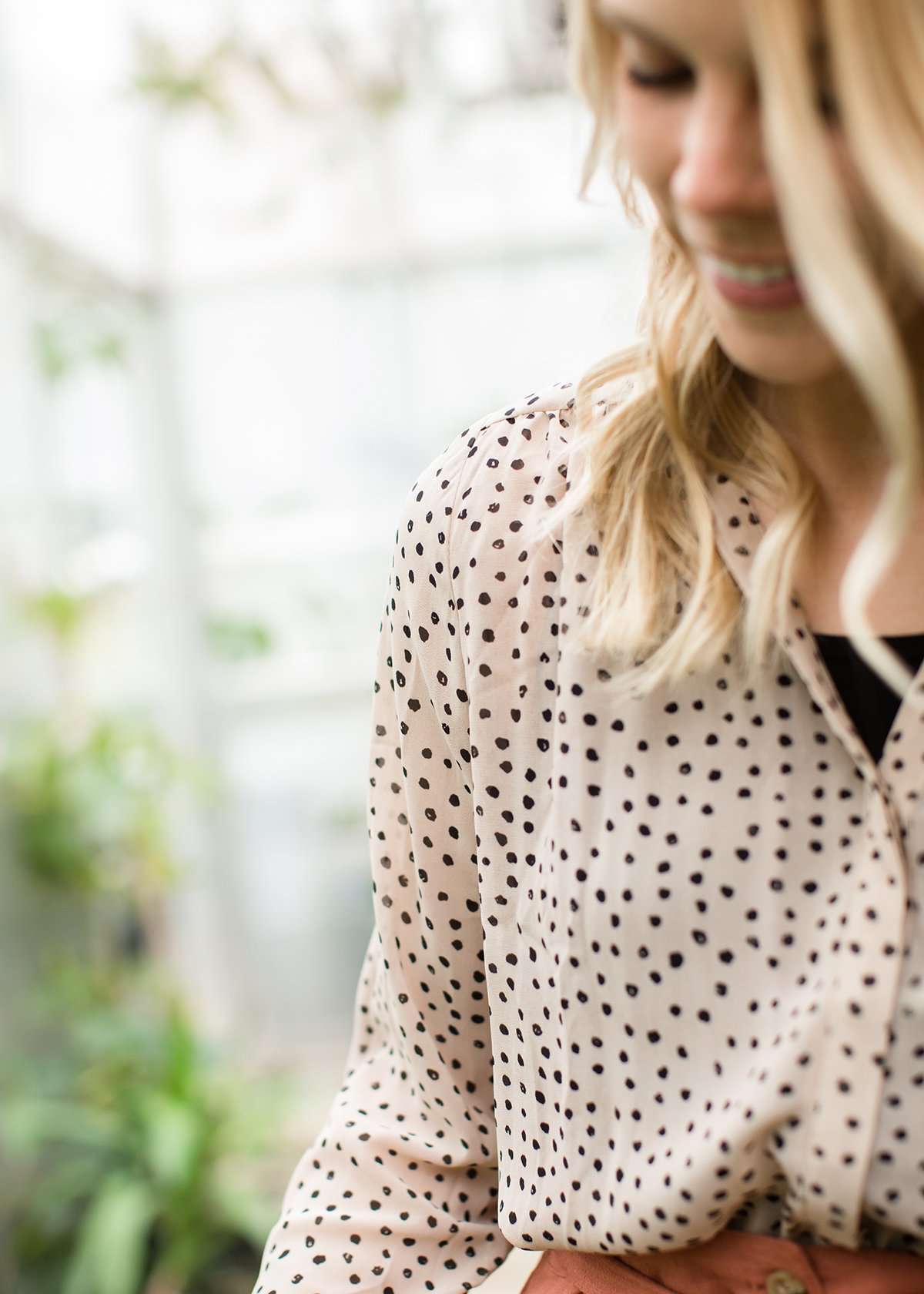 polyester sheer taupe top with black polka dots