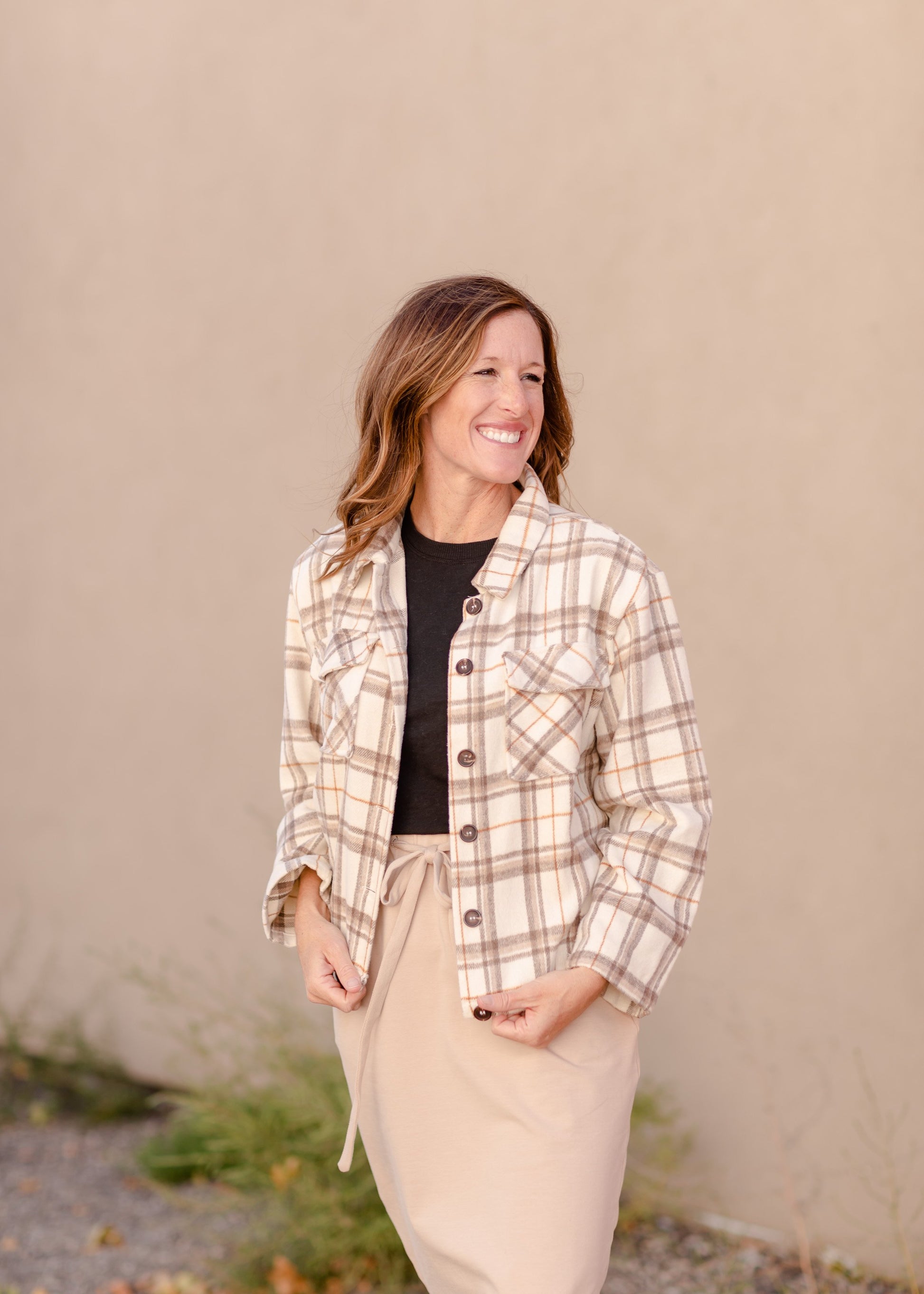 Brushed Plaid Wide Sleeve Patch Pocket Shacket Tops Hayden Los Angeles