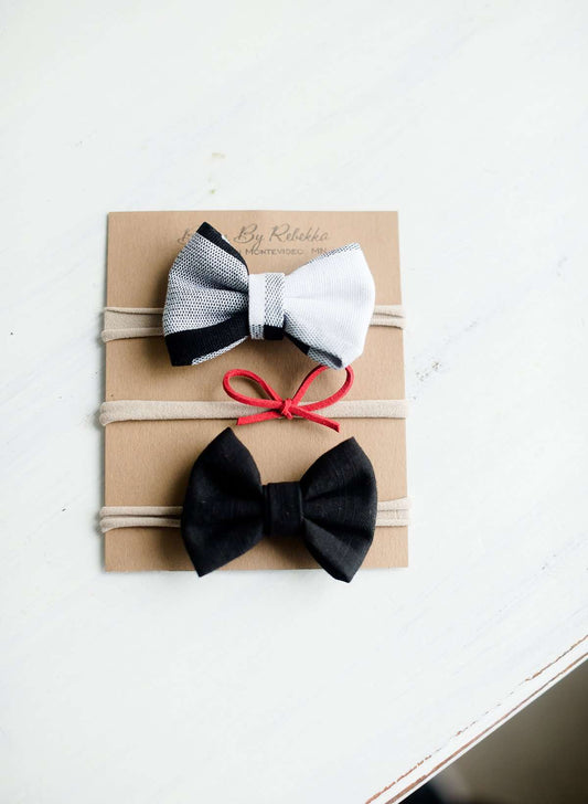 Red and white buffalo check hair bow, red small leather hairband and black fabric headband as a set.