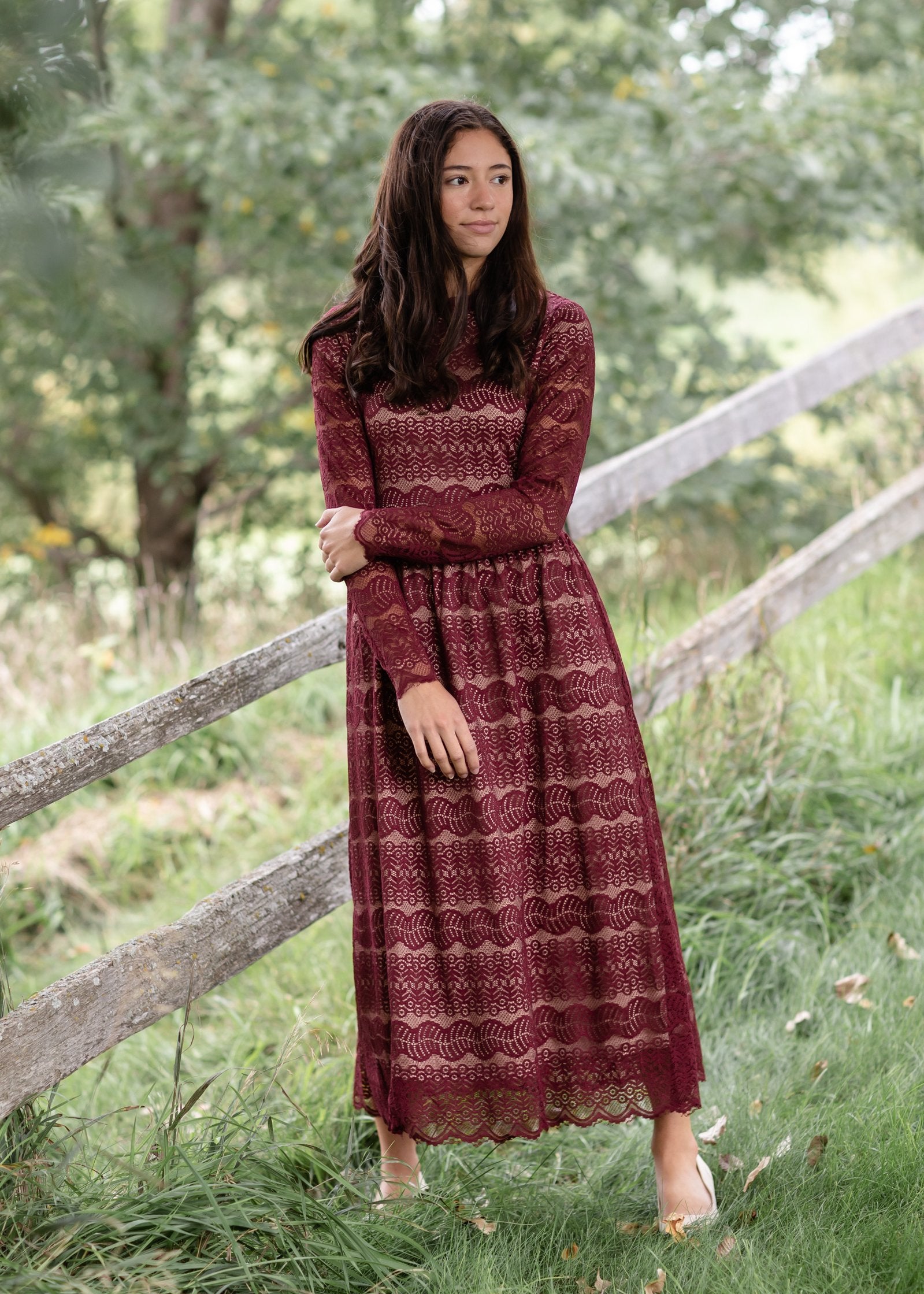 Burgandy Ruffle Detail Lace Overlay Maxi Dress Dresses Polagram