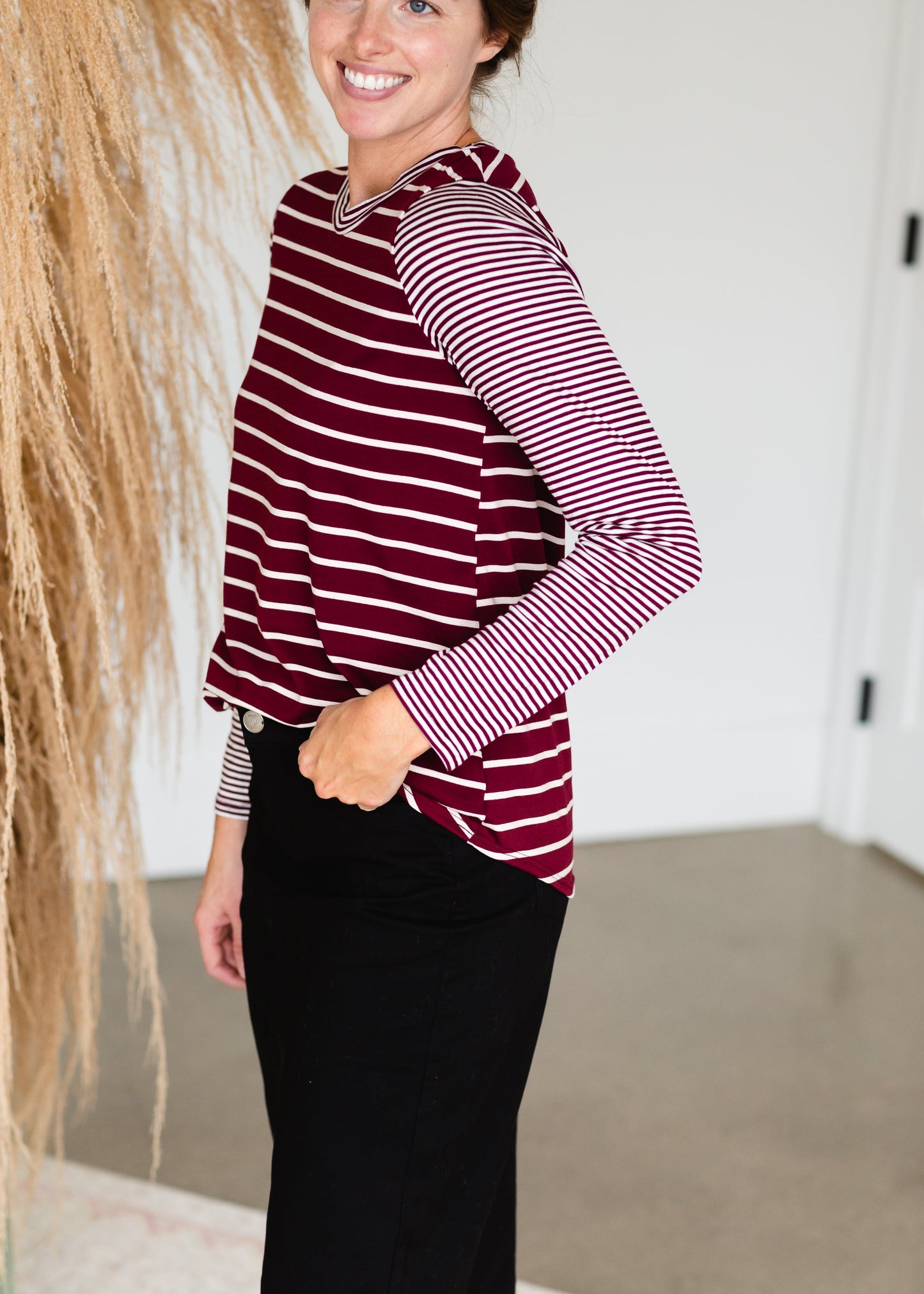 Burgundy Mixed Striped Long Sleeve Top - FINAL SALE Tops