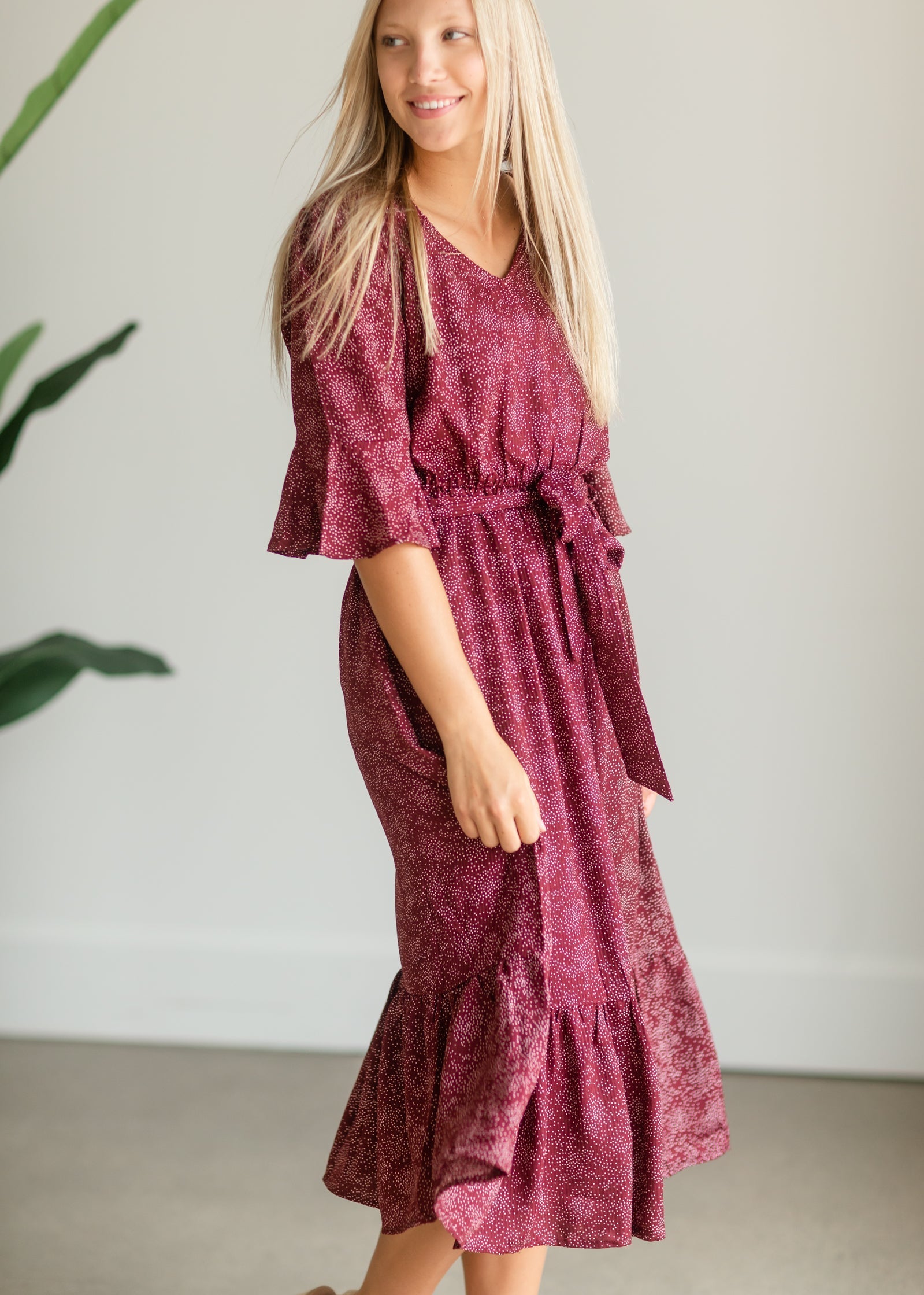 Burgundy Patterned Flouncy Midi Dress - FINAL SALE Dresses