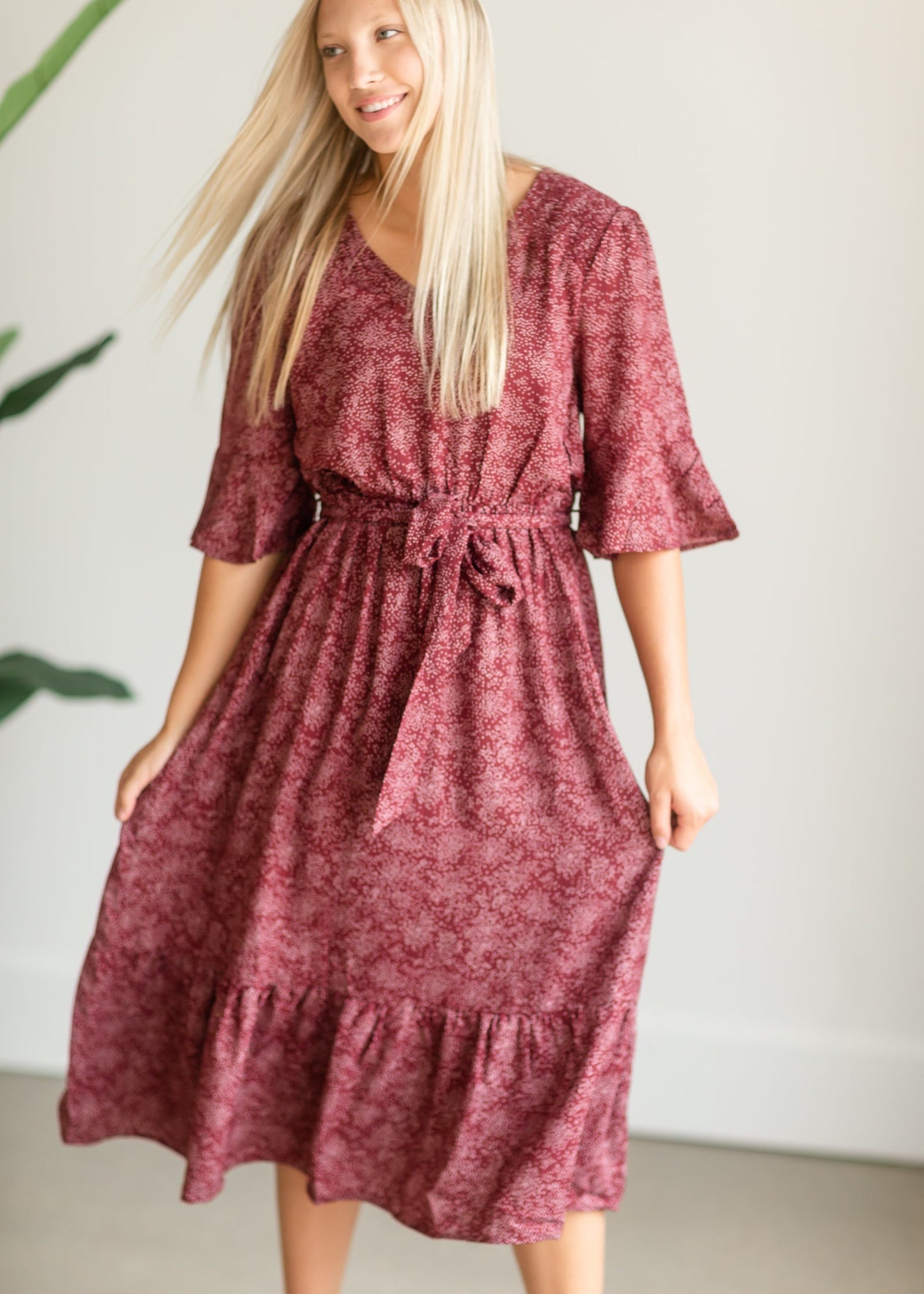 Burgundy Patterned Flouncy Midi Dress - FINAL SALE Dresses