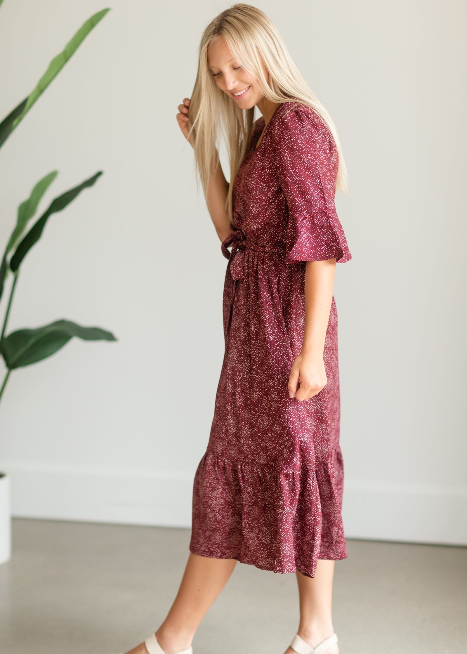 Burgundy Patterned Flouncy Midi Dress - FINAL SALE Dresses