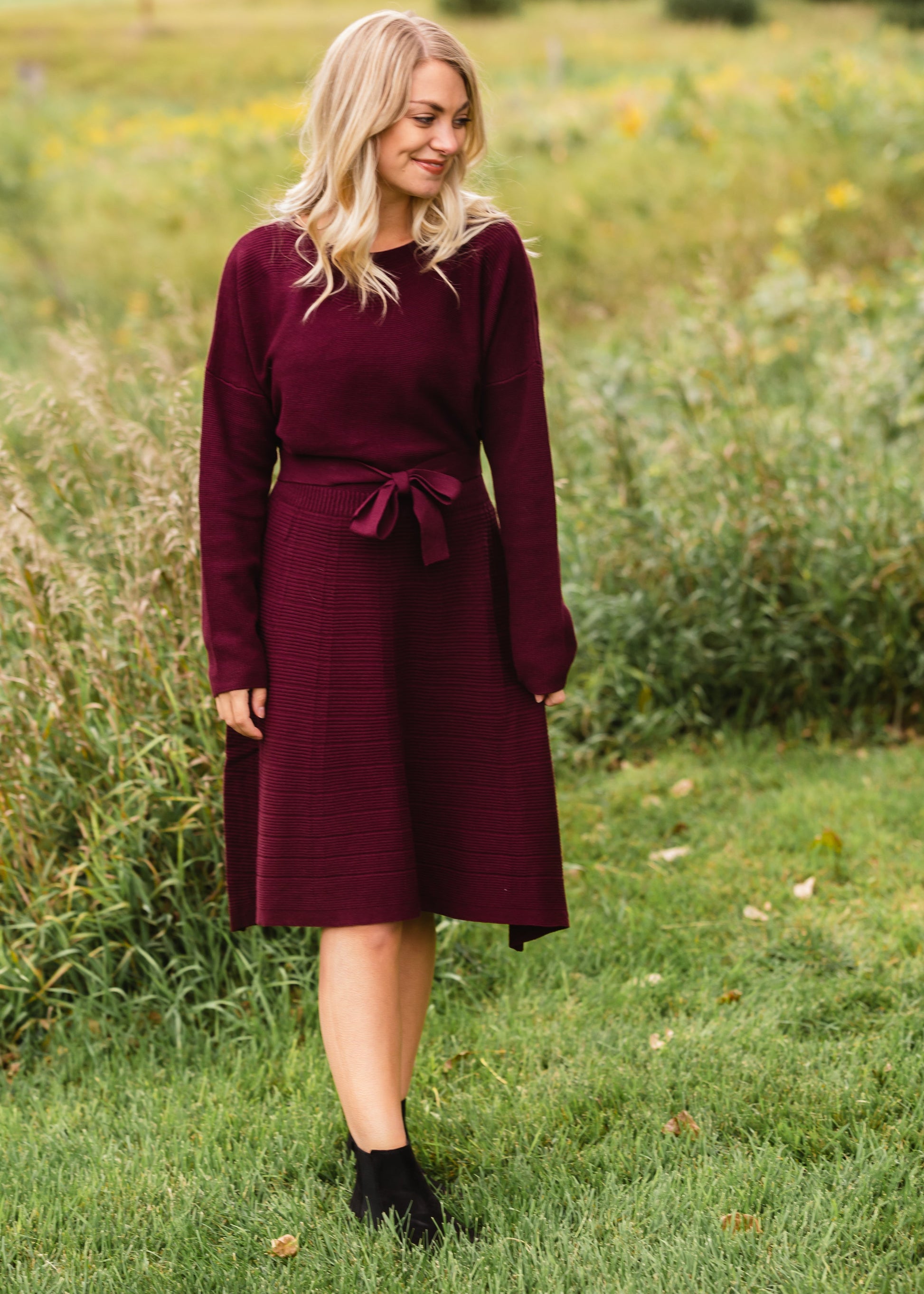 Burgundy Tie Waist Sweater Dress - FINAL SALE Dresses