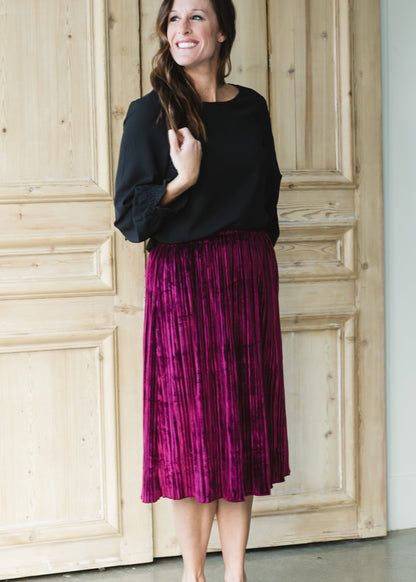 Burgundy Velvet Pleated Midi Skirt - FINAL SALE Skirts