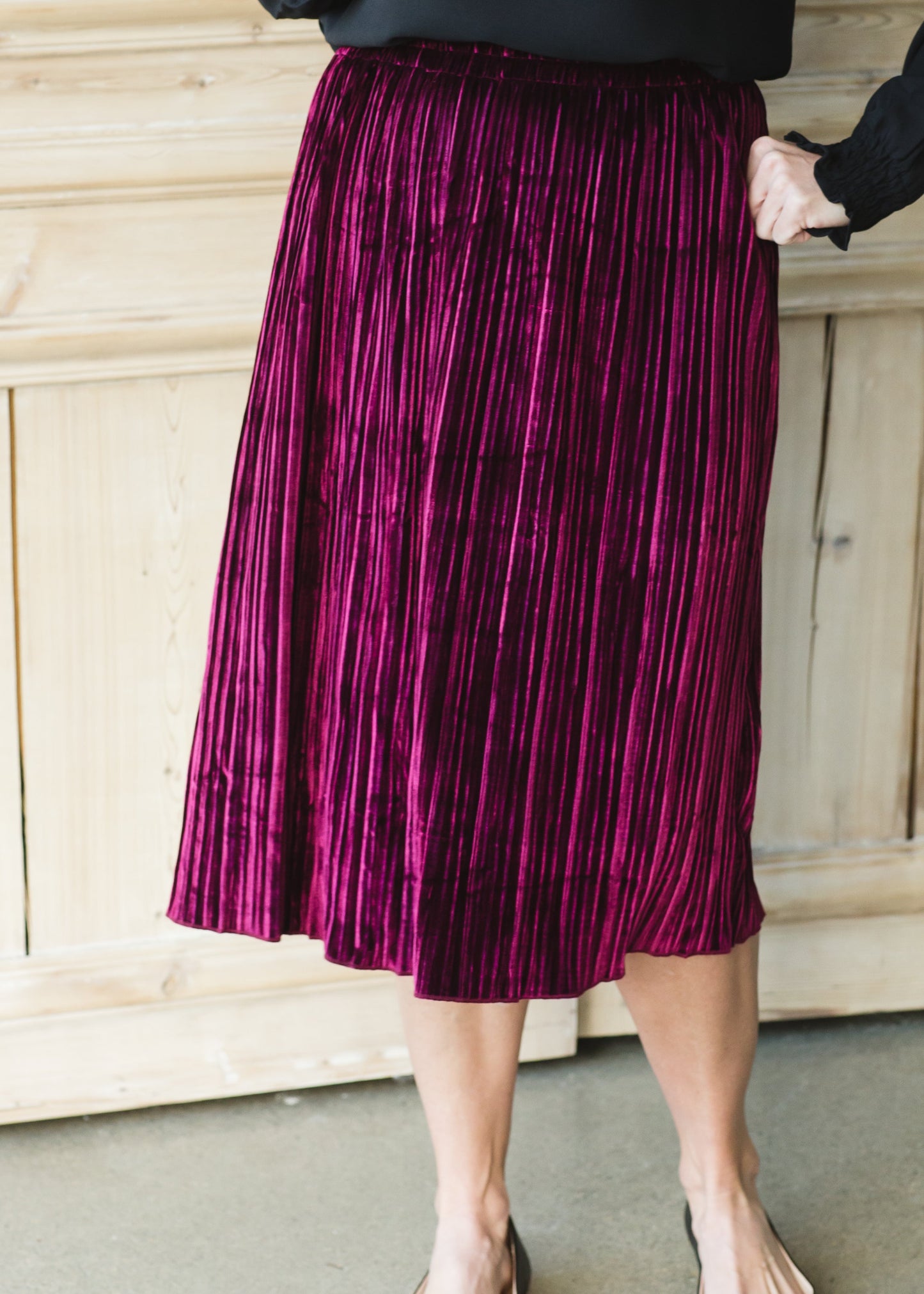 Burgundy Velvet Pleated Midi Skirt - FINAL SALE Skirts