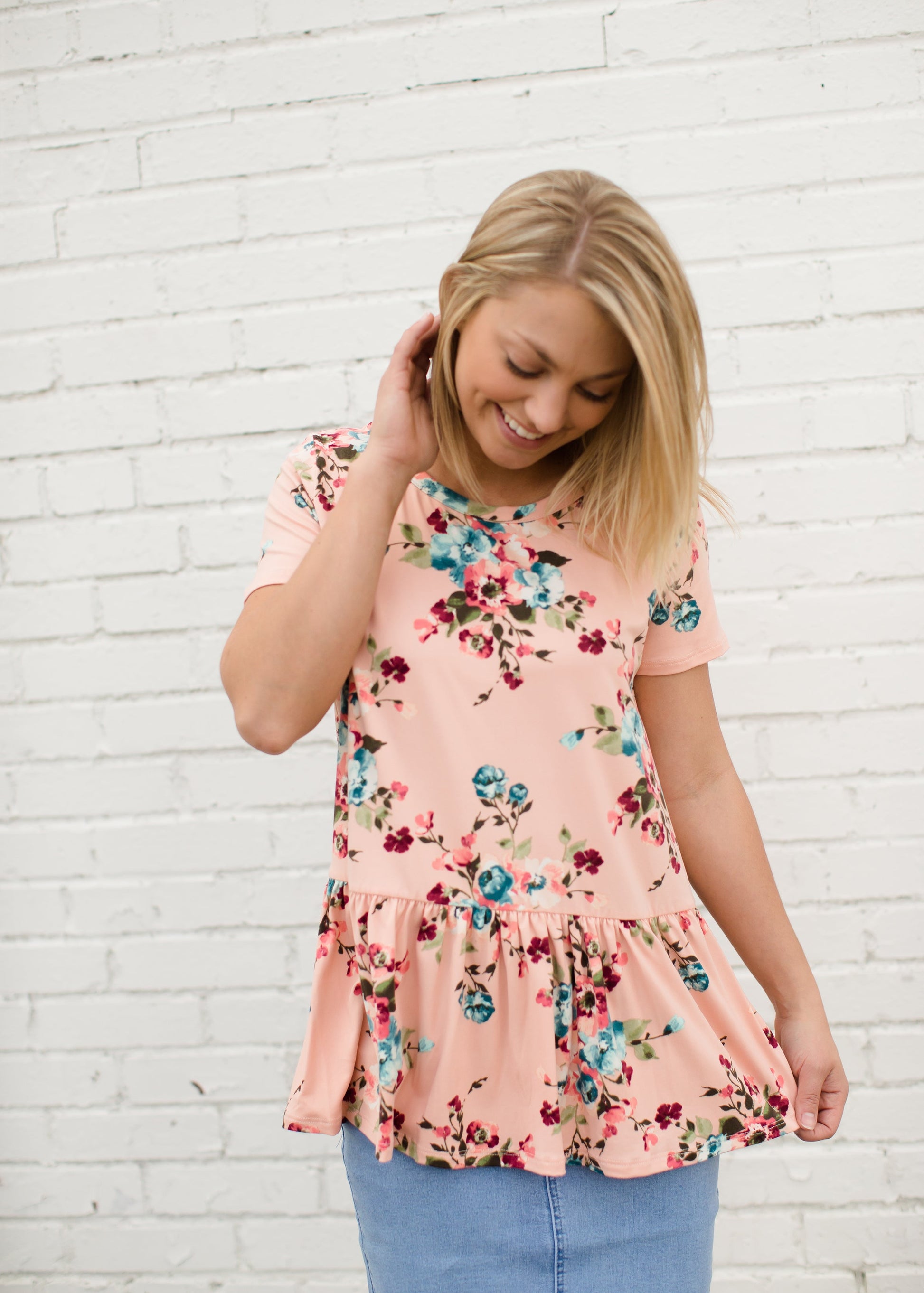 Coral Floral Modest Peplum Top