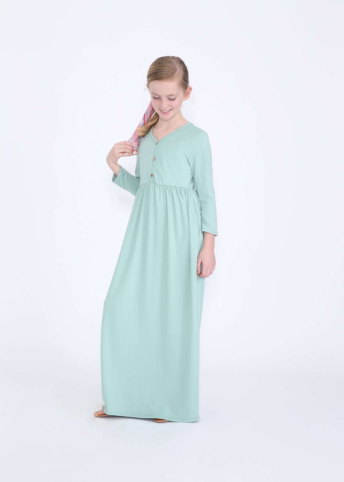 Modest girls mint maxi dress with faux buttons