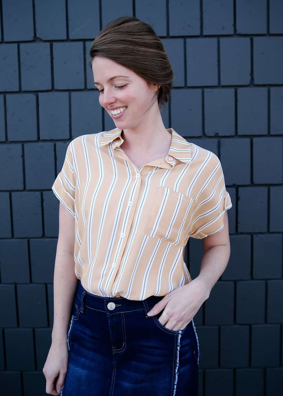 Modest women's button down collared mustard striped top