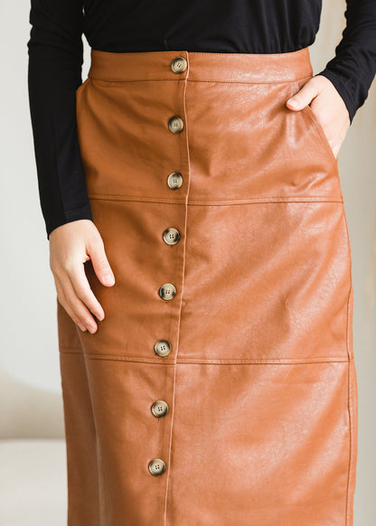 Button Front Faux Leather Midi Skirt - FINAL SALE Skirts